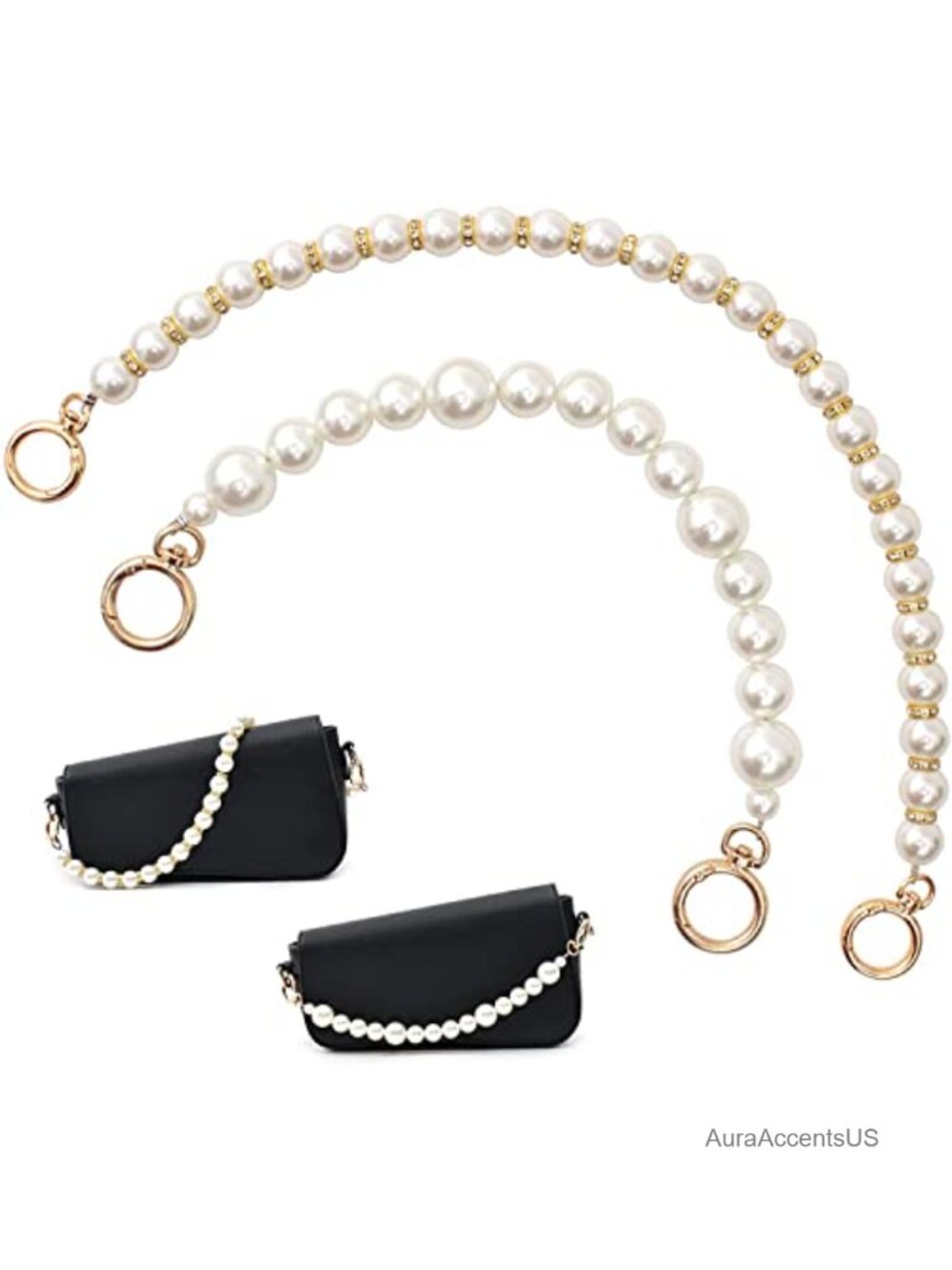 2Pcs Imitation Pearl Handbag Chains Replacement with Golden Buckles for Purse